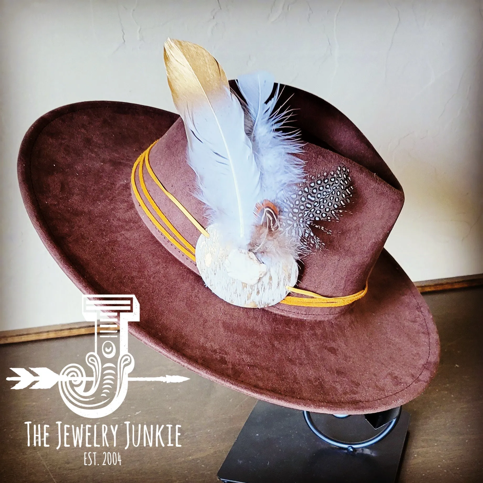 Cream Metallic Feather & Turquoise Slab Hat Band   Choice of Hat 986c