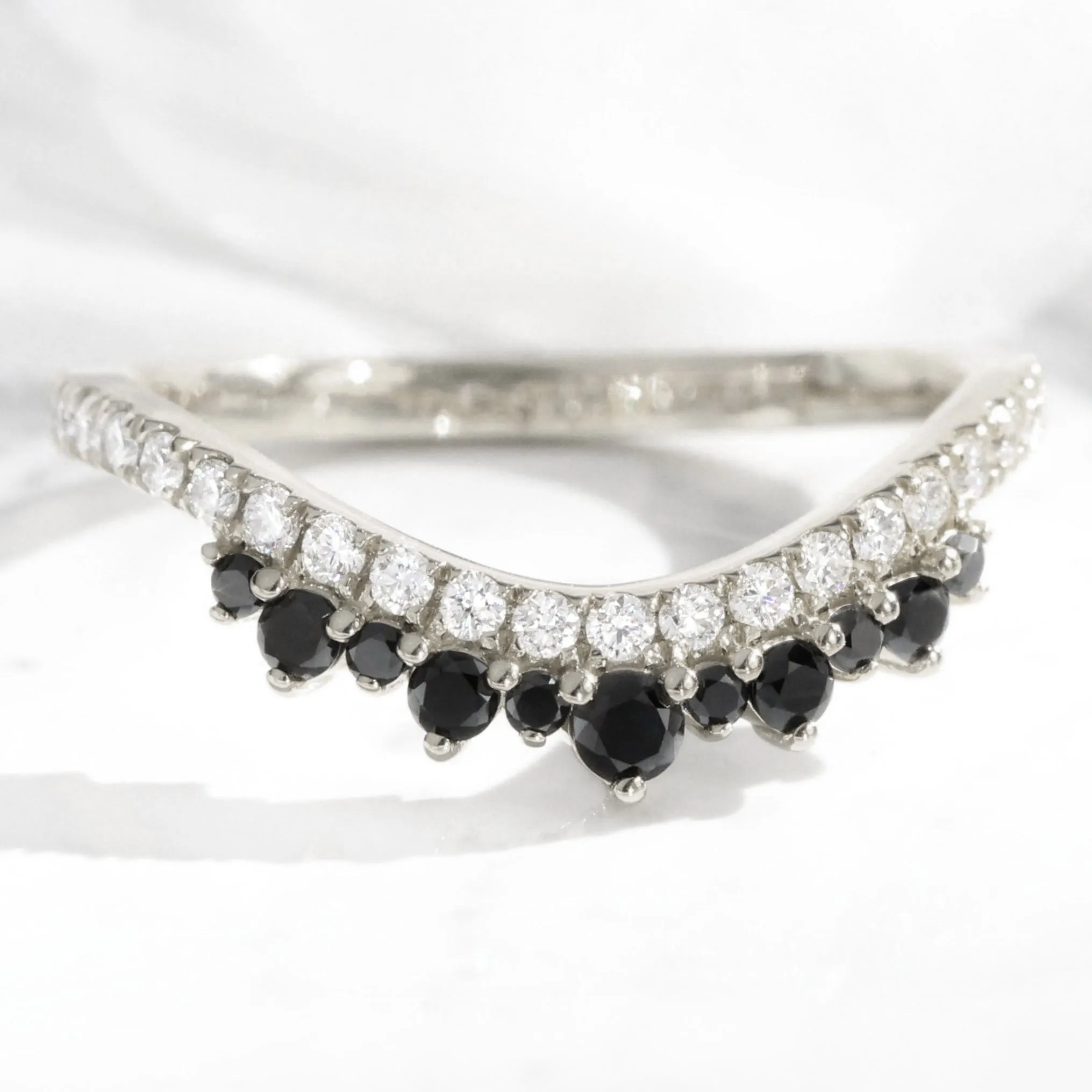 Crown Black and White Diamond Ring in Curved Contour Pave Band