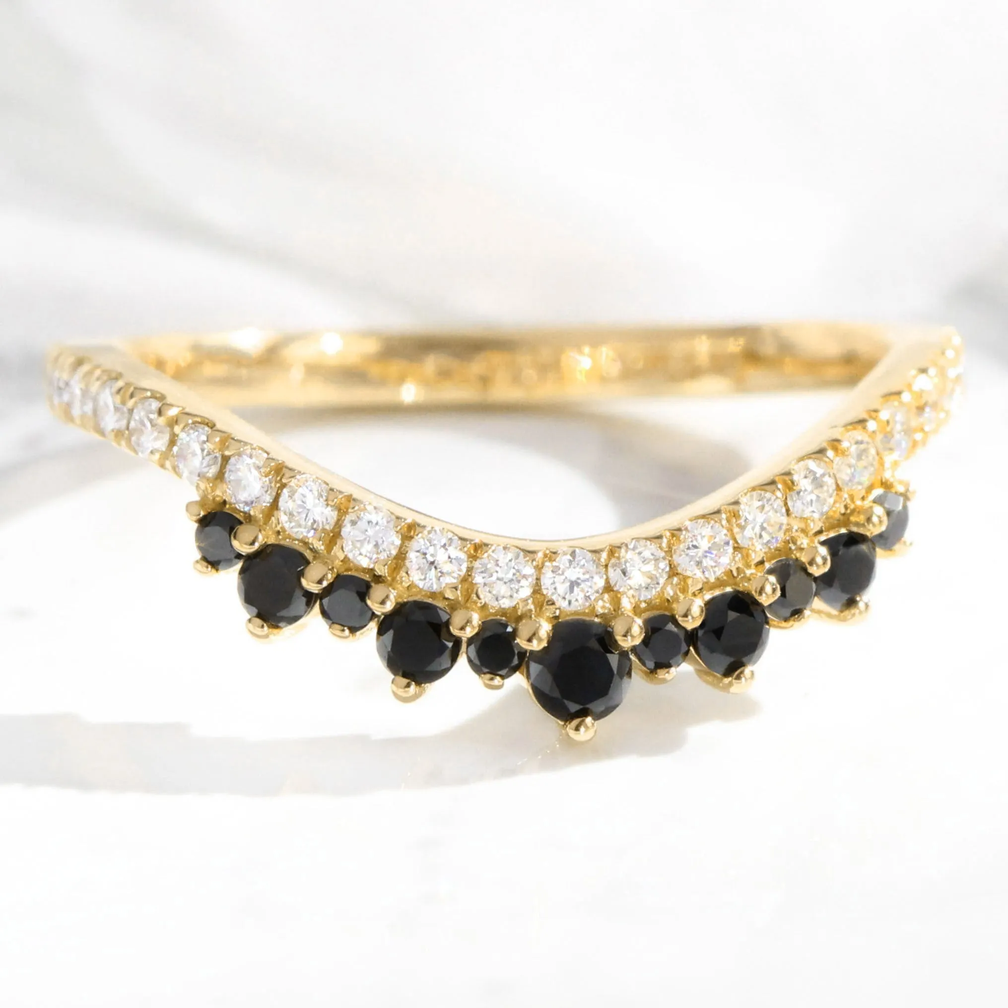 Crown Black and White Diamond Ring in Curved Contour Pave Band