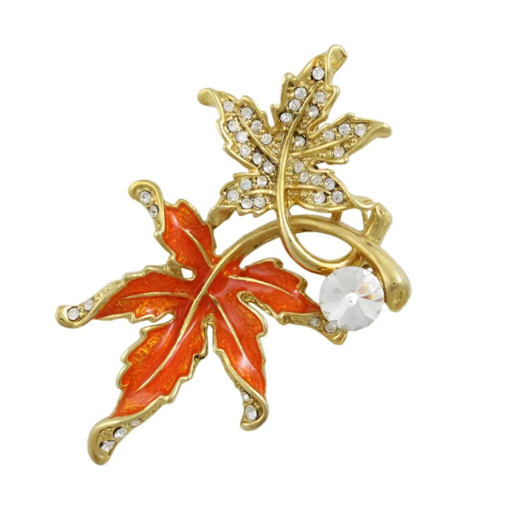 Crystal and Orange Enamel Maple Leaves Brooch Pin - PRL344