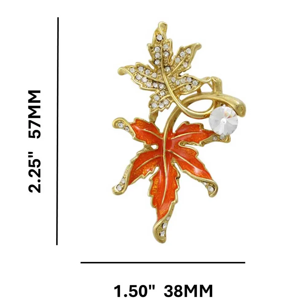 Crystal and Orange Enamel Maple Leaves Brooch Pin - PRL344