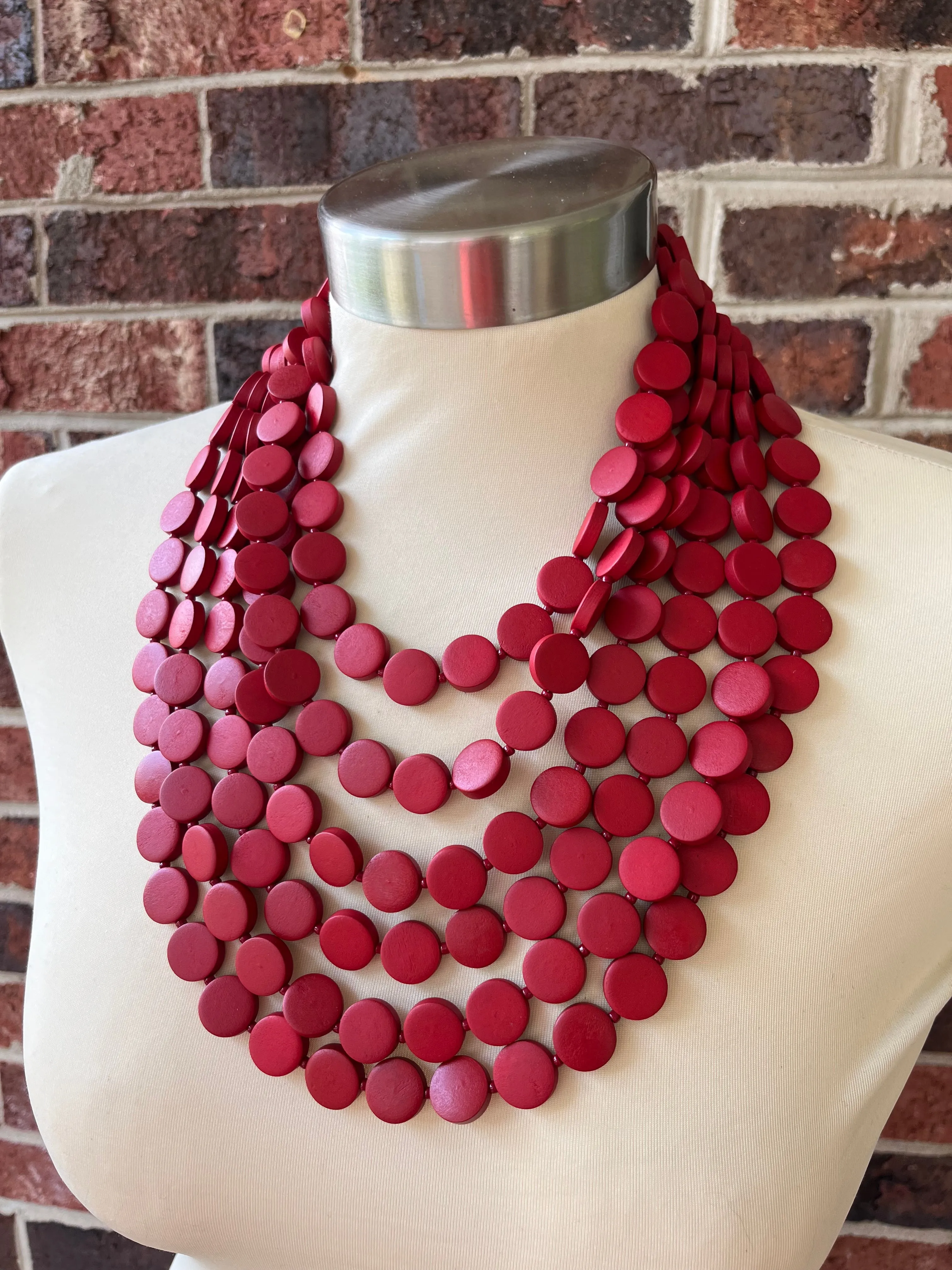 Dark Red Wood Bead Multi Strand Chunky Womens Statement Necklace - Charlotte