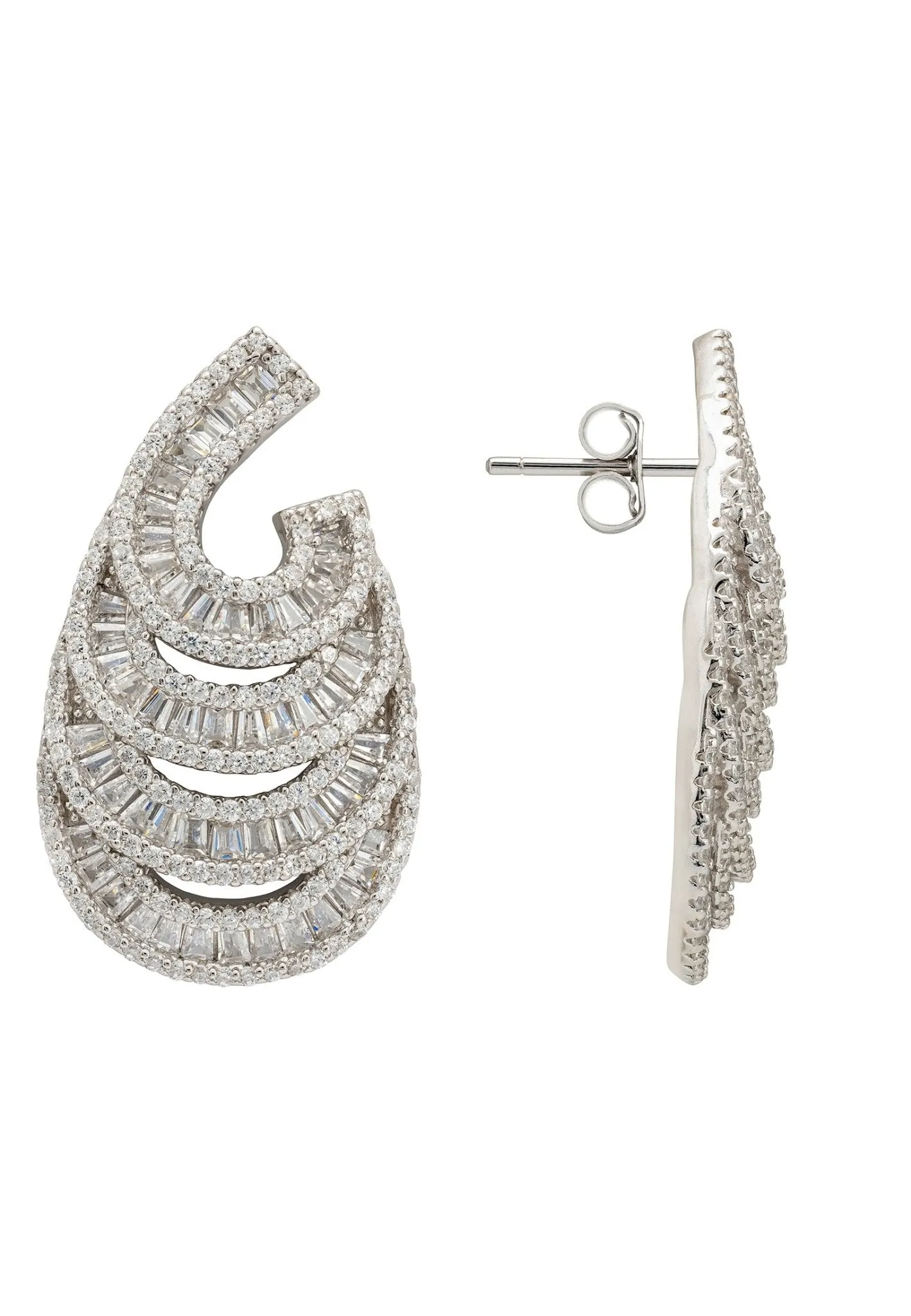 Deco Waves Baguette Hoop Earrings Silver