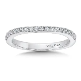 Diamond and 14k white gold wedding band designed to pair with matching engagement ring with side stones.