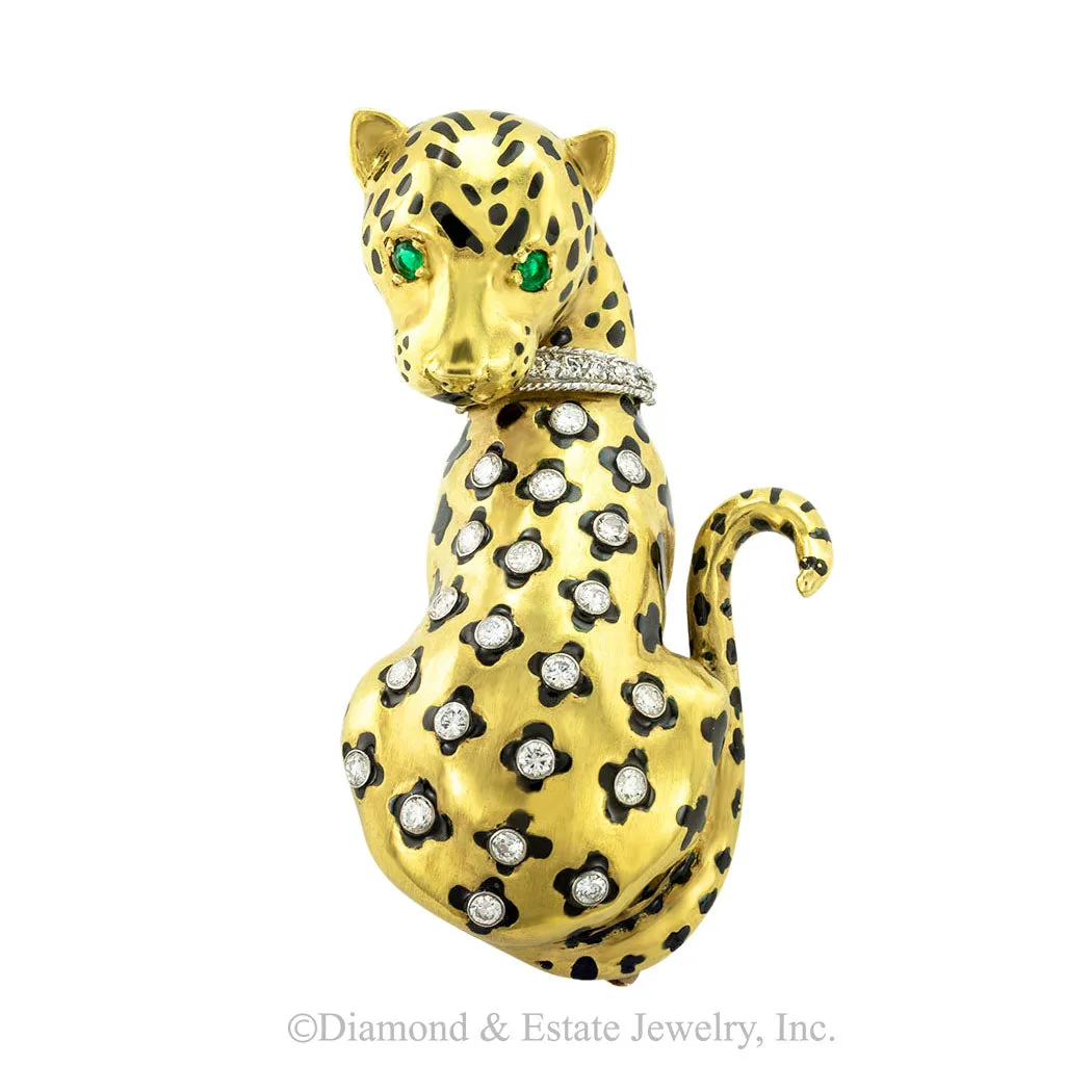 Diamond Black Enamel Yellow Gold Leopard Brooch