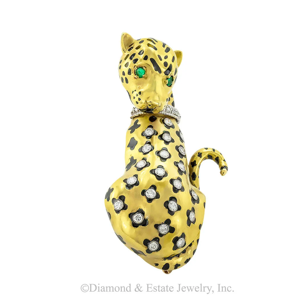 Diamond Black Enamel Yellow Gold Leopard Brooch