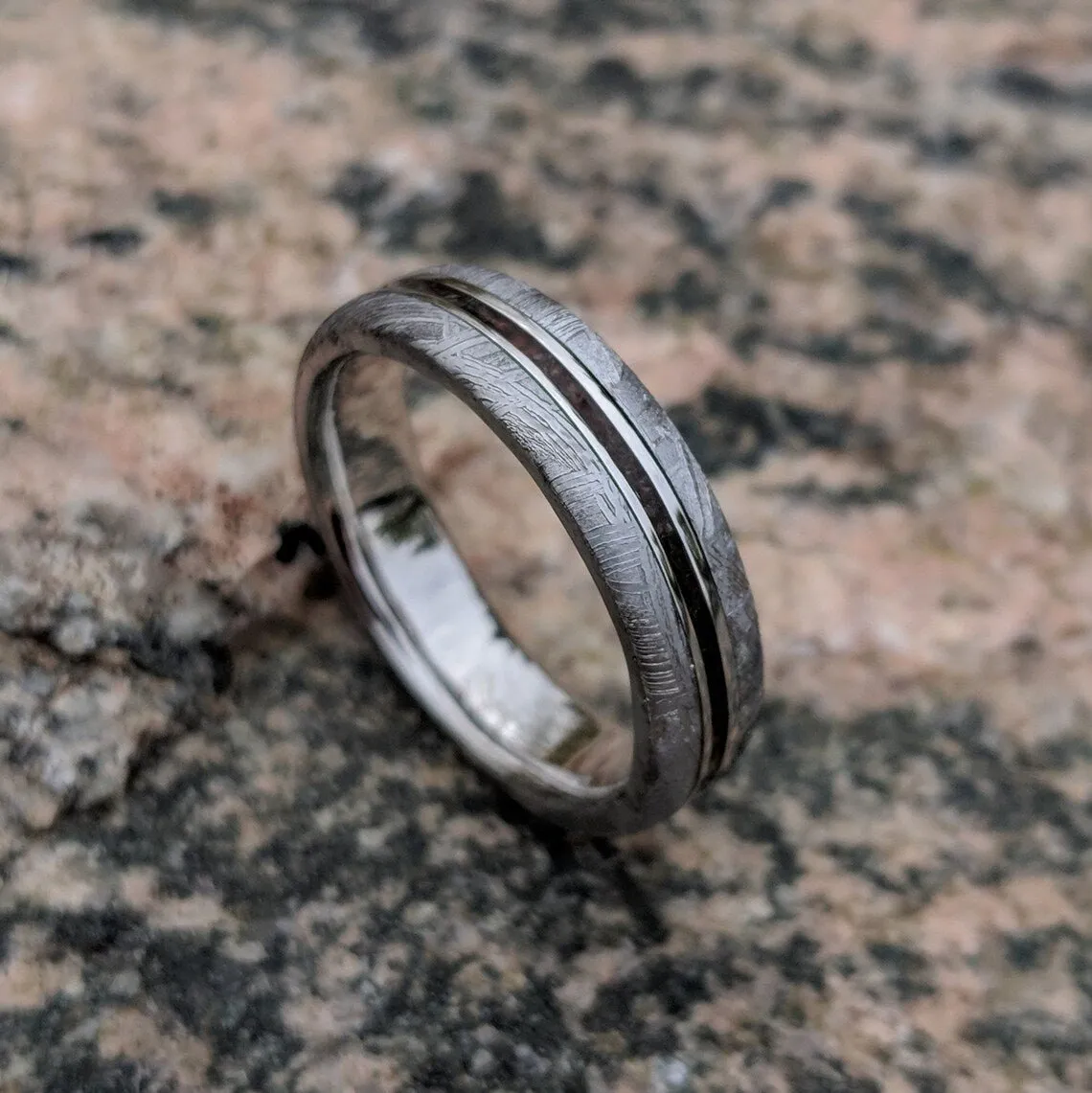 Dinosaur Bone and Gibeon Meteorite Ring, 5mm Custom Made Meteorite Wedding Band