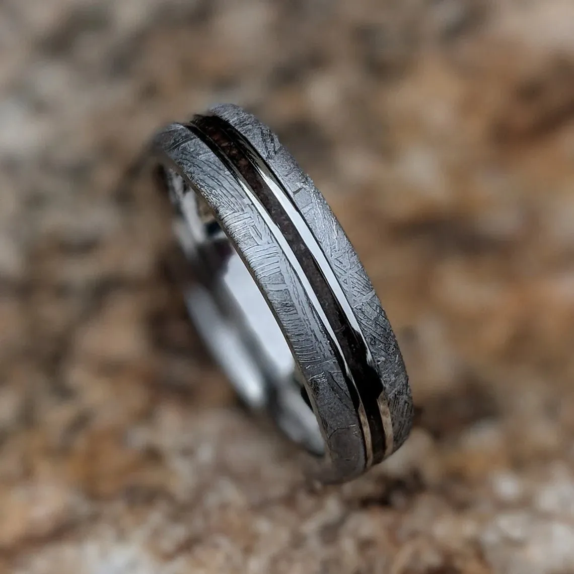 Dinosaur Bone and Gibeon Meteorite Ring, 5mm Custom Made Meteorite Wedding Band