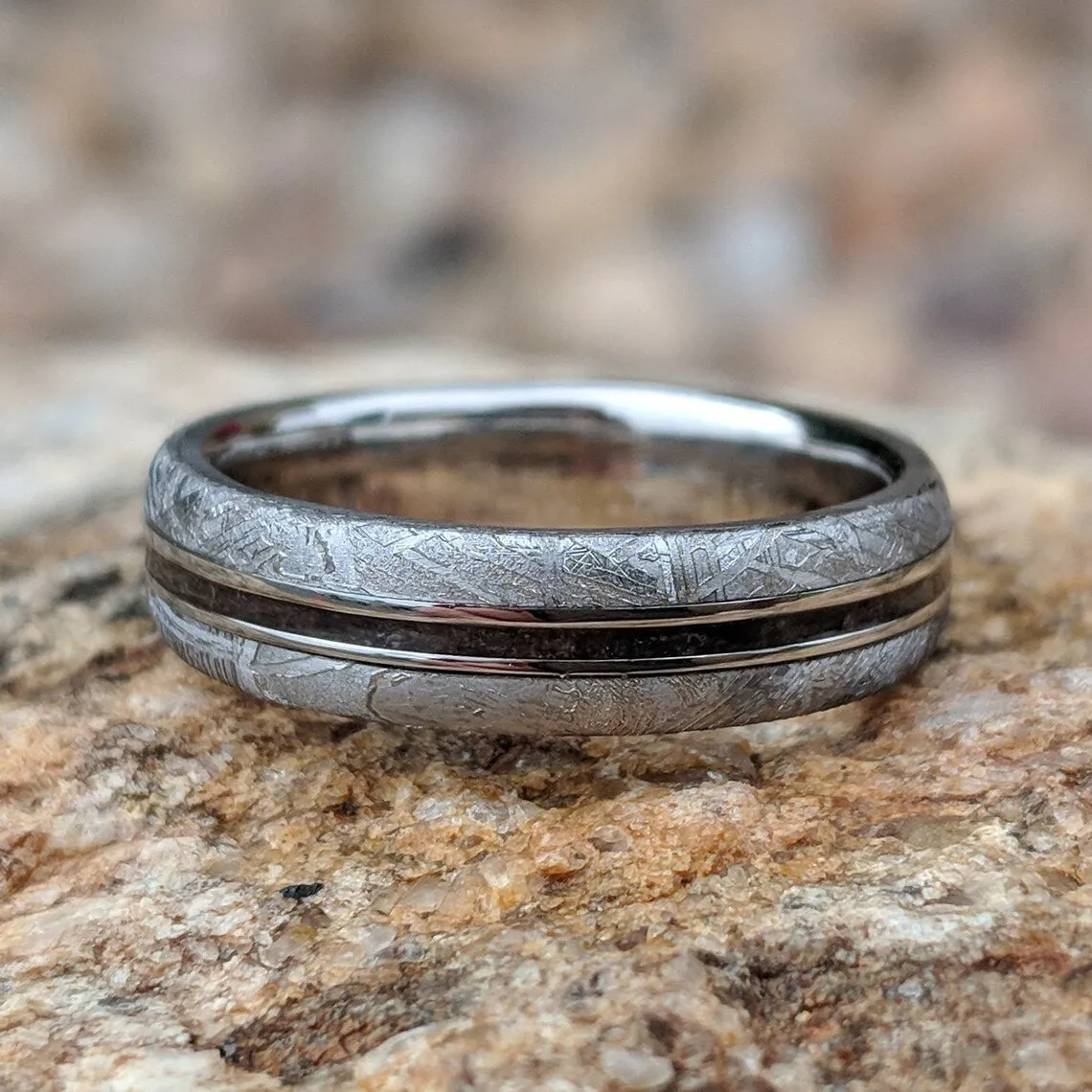 Dinosaur Bone and Gibeon Meteorite Ring, 5mm Custom Made Meteorite Wedding Band