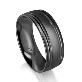 Dual Grooved Black Zirconium Wedding Ring - Comfort Fit (IN1344)