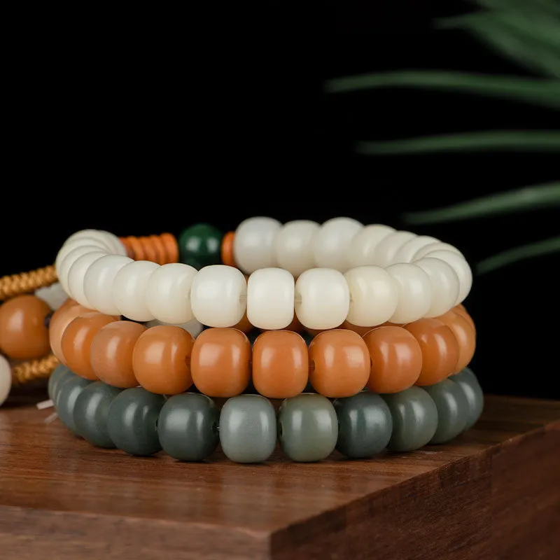 Elegant Natural White Jade Bodhi Root Bracelet with Weathering Bucket Bead Bodhi Zi for Women