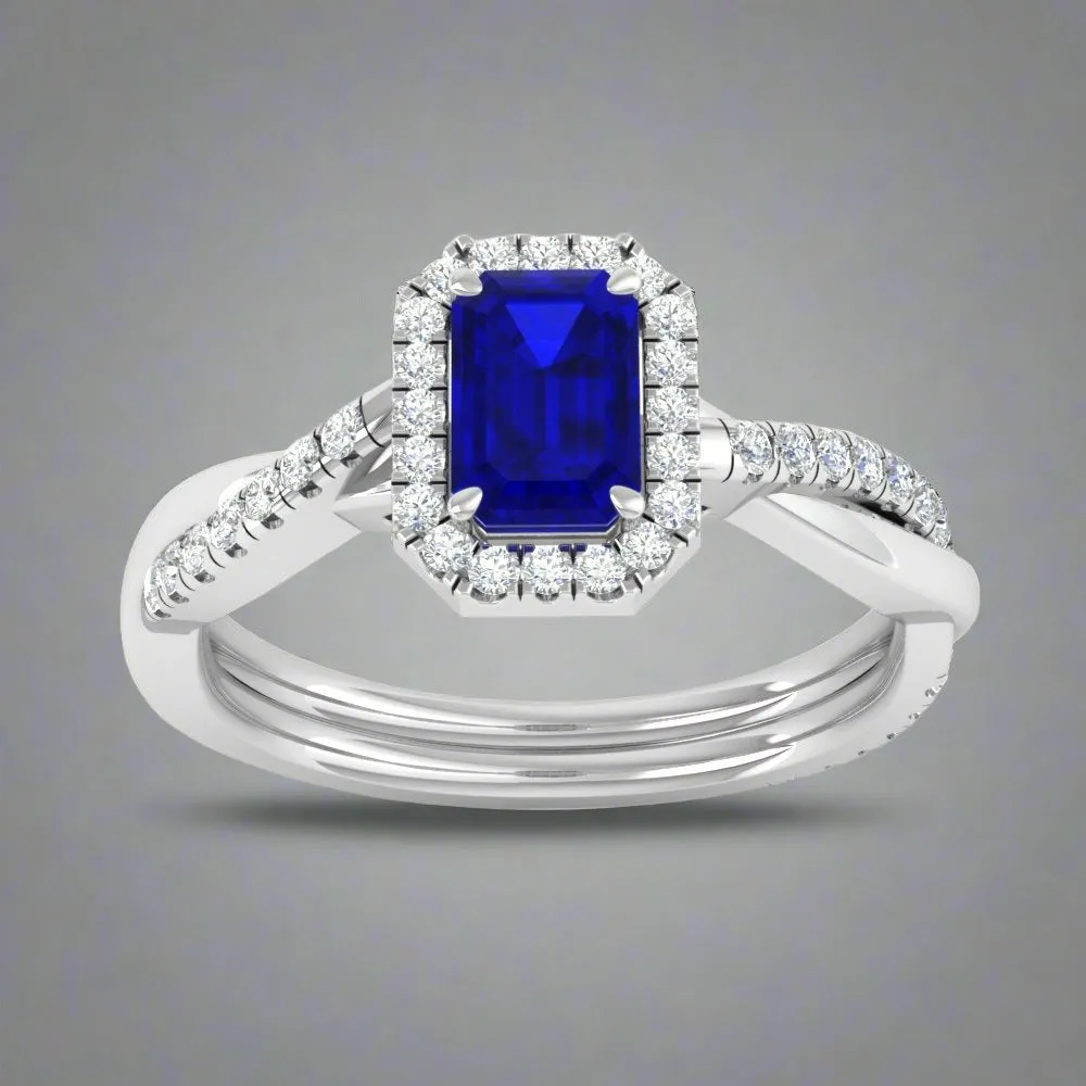 Emerald Cut Sapphire Twisted Halo Ring