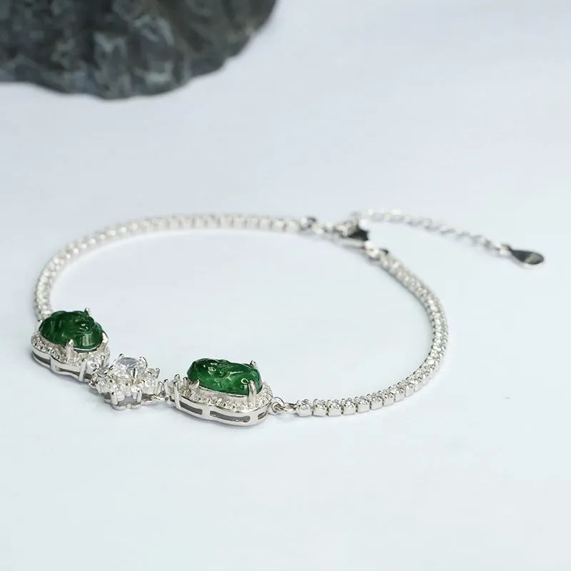 Emperor Green Pixiu Sterling Silver Bracelet with Natural Jade