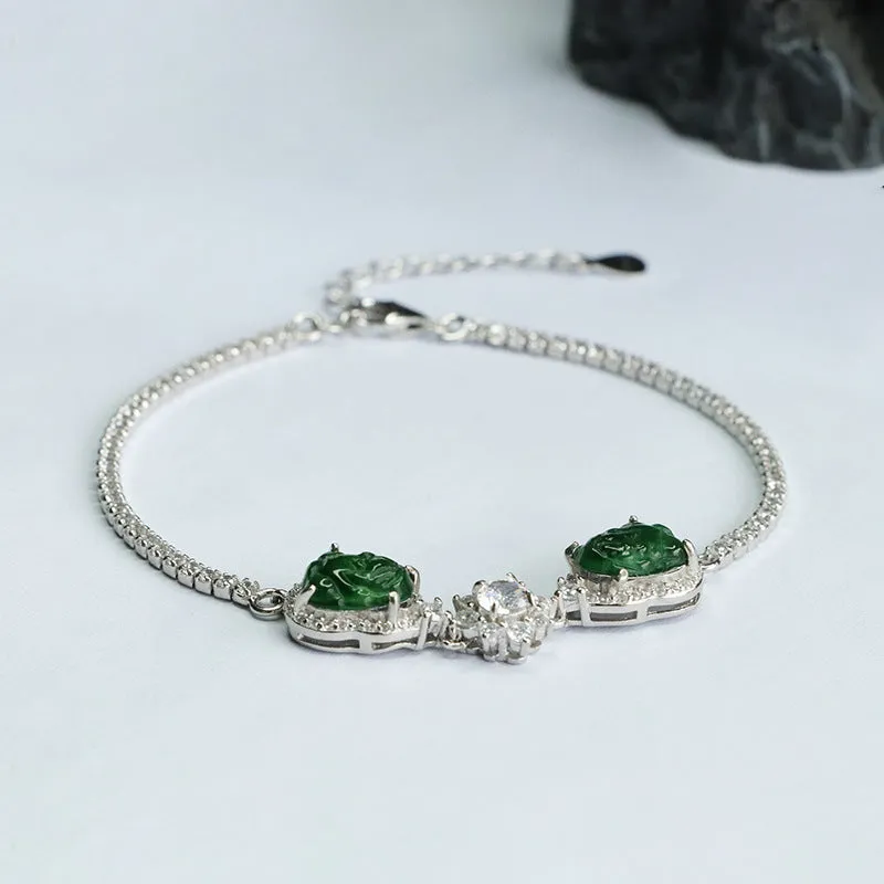 Emperor Green Pixiu Sterling Silver Bracelet with Natural Jade