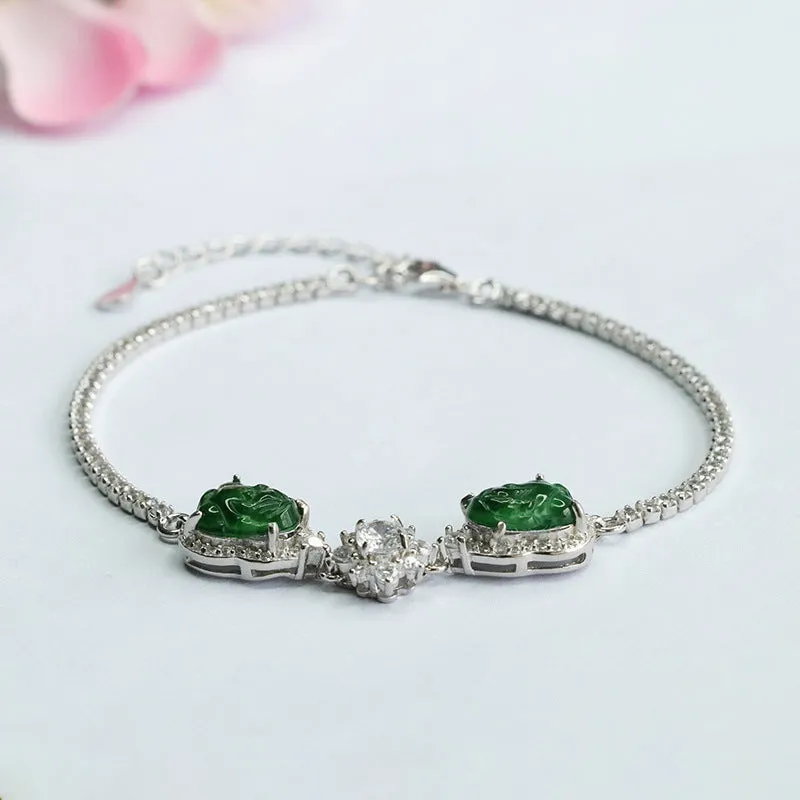 Emperor Green Pixiu Sterling Silver Bracelet with Natural Jade