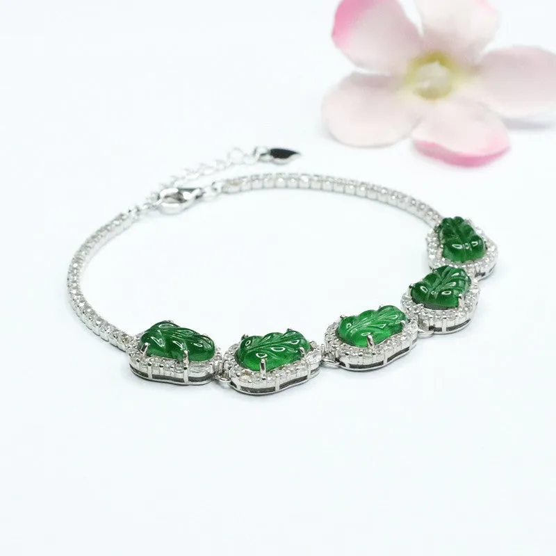 Emperor Jewelry Green Leaf Bracelet with Natural Jadeite and Ice Seed