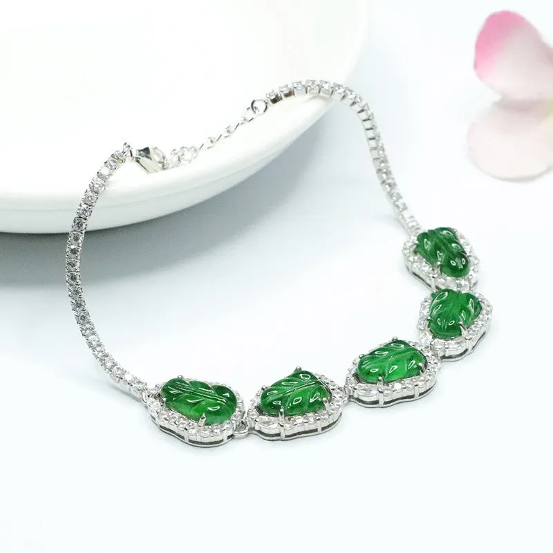 Emperor Jewelry Green Leaf Bracelet with Natural Jadeite and Ice Seed