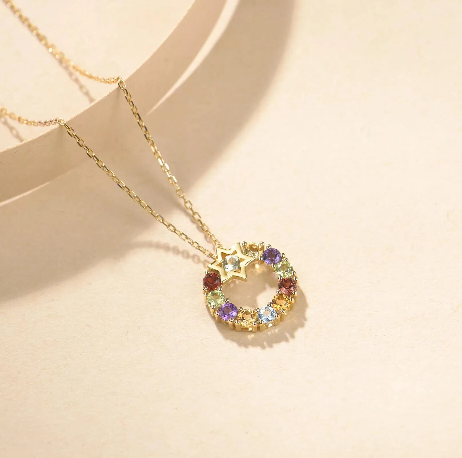 FANCIME "Starry Circle" Multi Gemstone Round 14K Yellow Gold Necklace