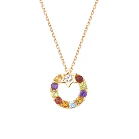 FANCIME "Starry Circle" Multi Gemstone Round 14K Yellow Gold Necklace