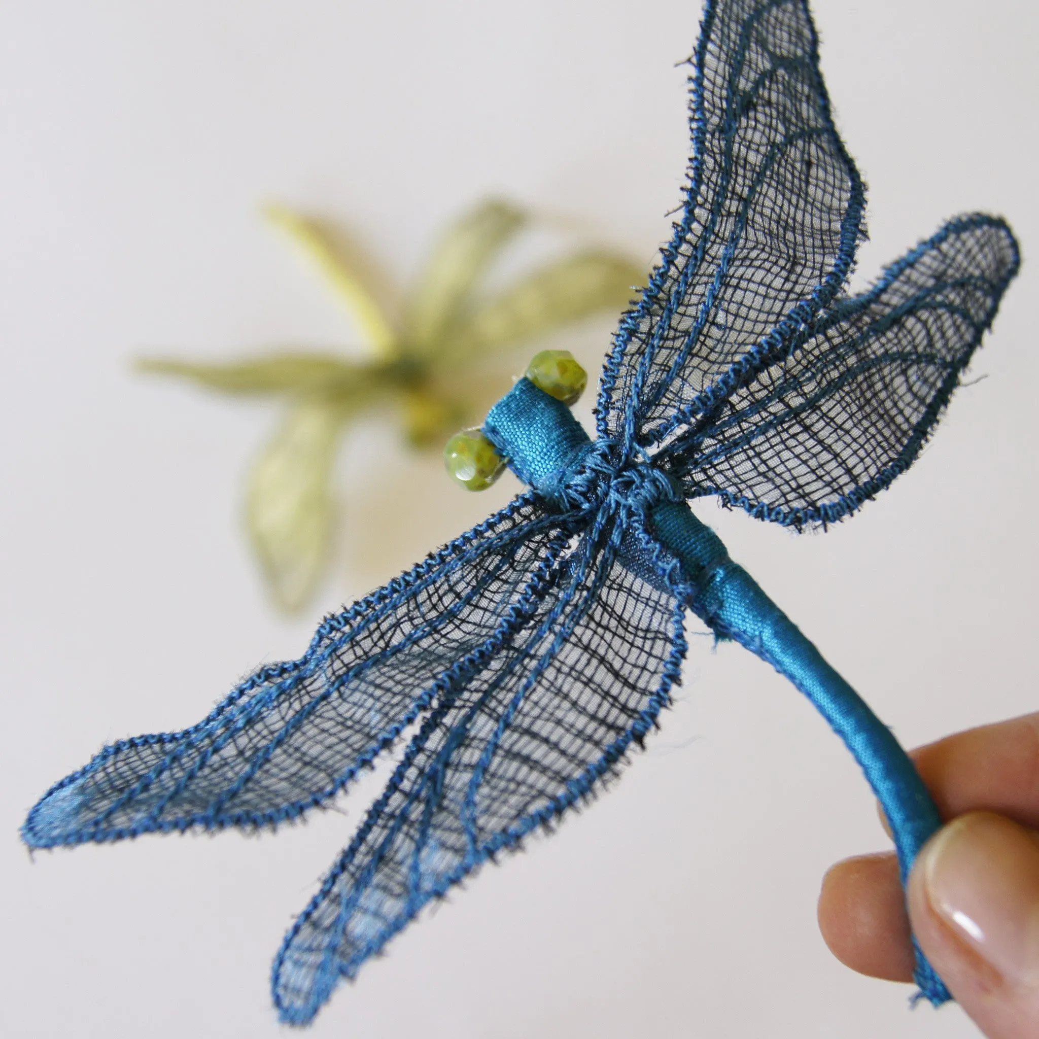 Fiber Art Dragonfly brooch or hair fork blue silk