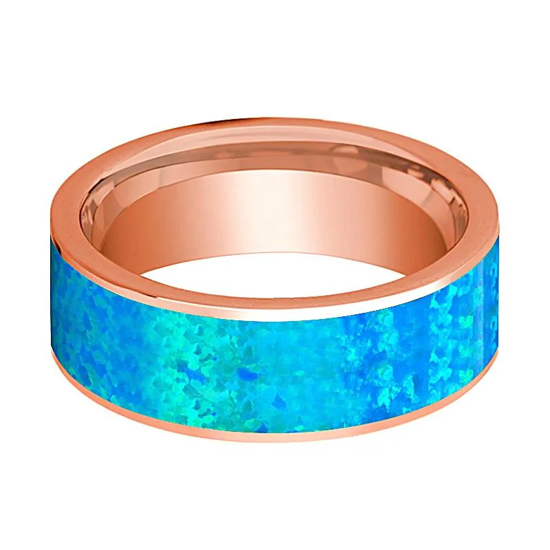 Flat 14k Rose Gold Men's Wedding Band with Blue Opal Inlay Polished Finish - 8MM