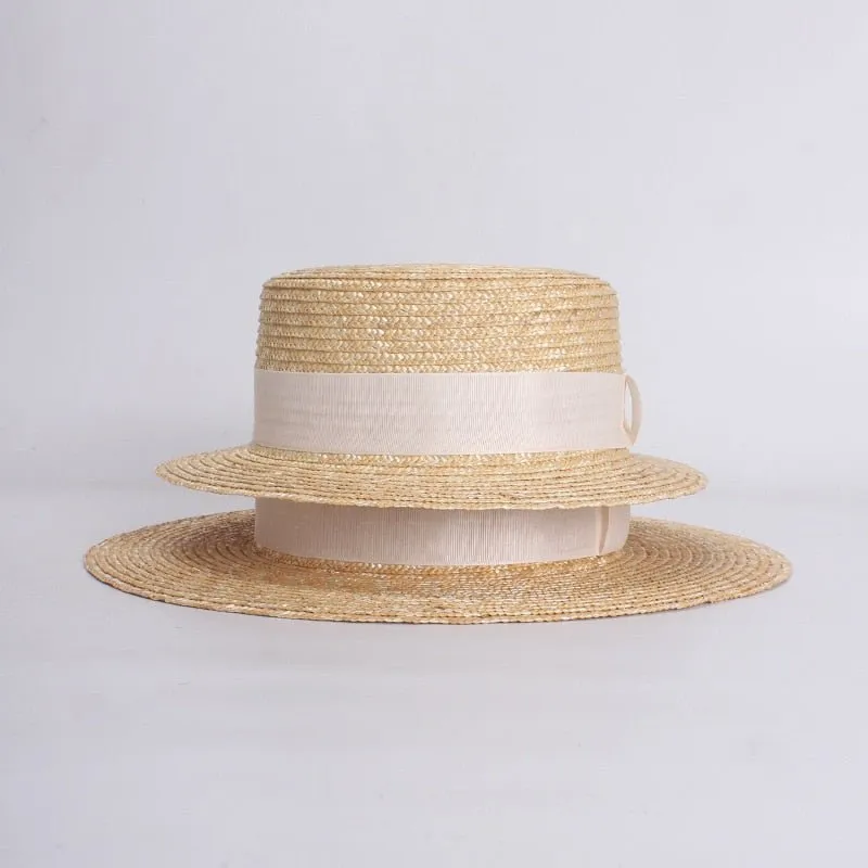 Flat Straw Hat With White Ribbon