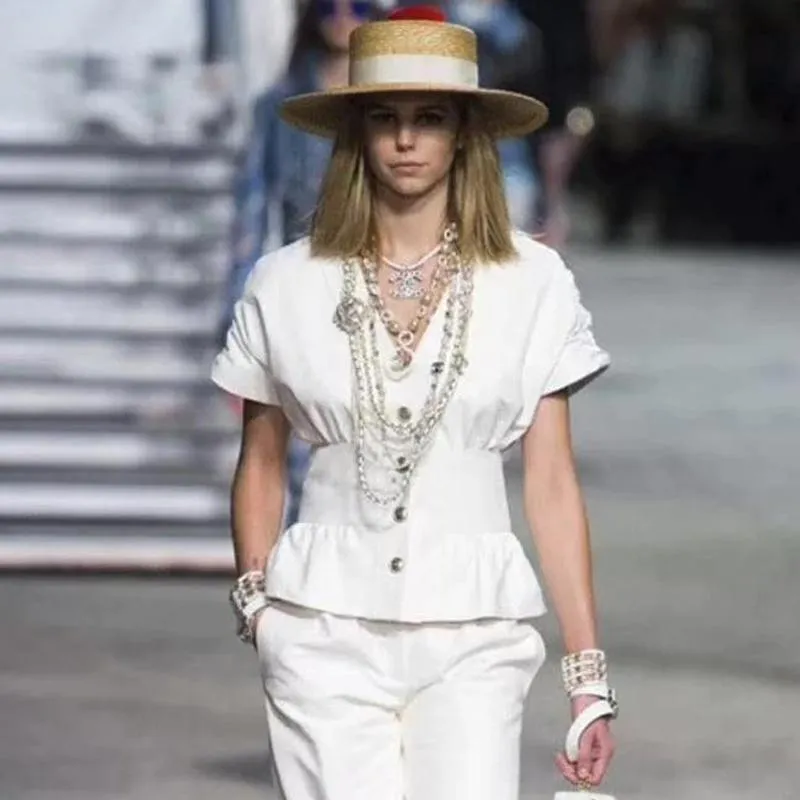 Flat Straw Hat With White Ribbon