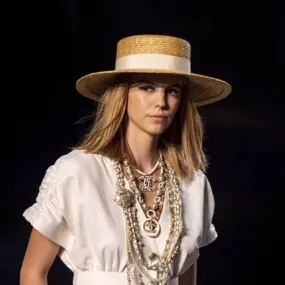 Flat Straw Hat With White Ribbon