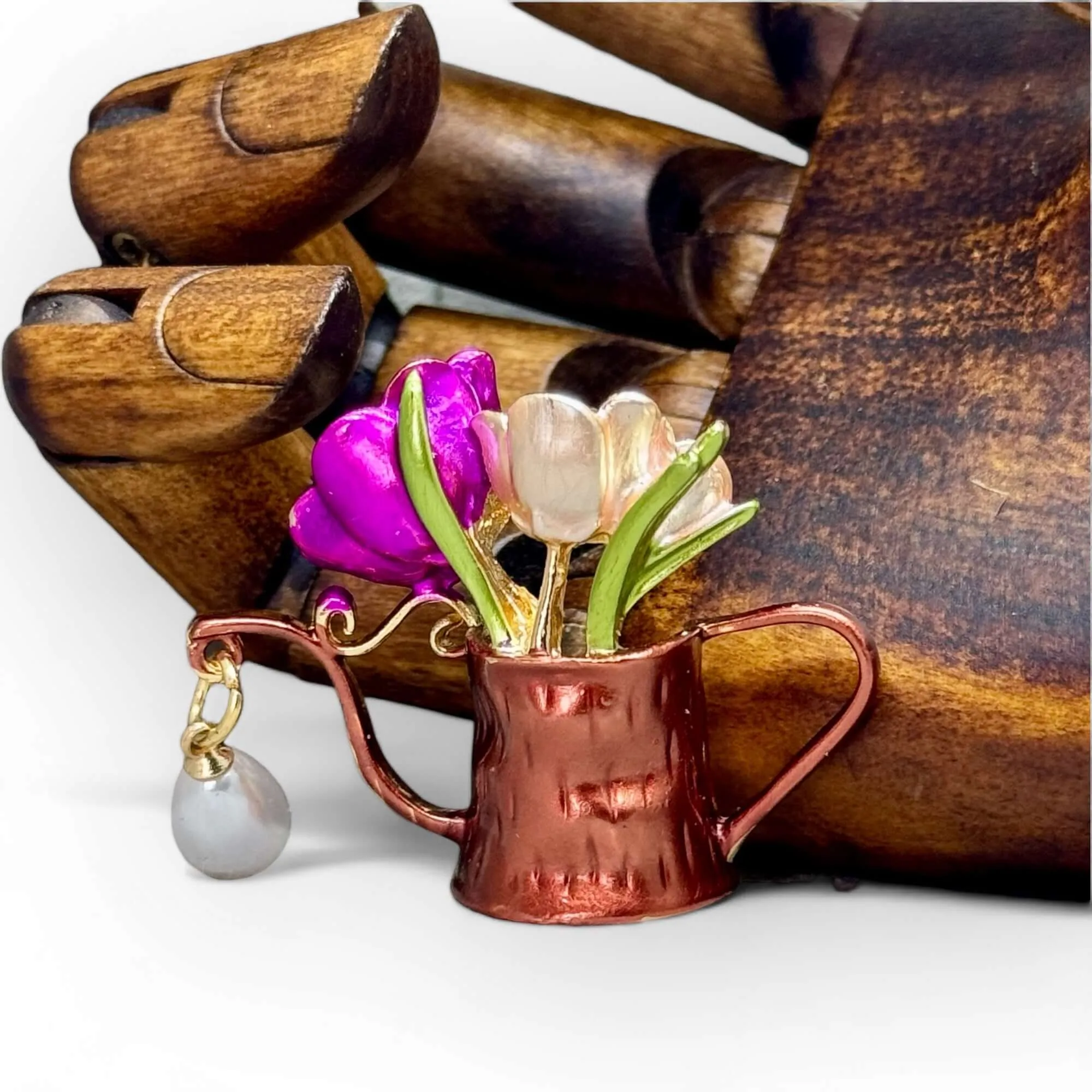 Floral Watering Can Brooch with Enamel Flowers.