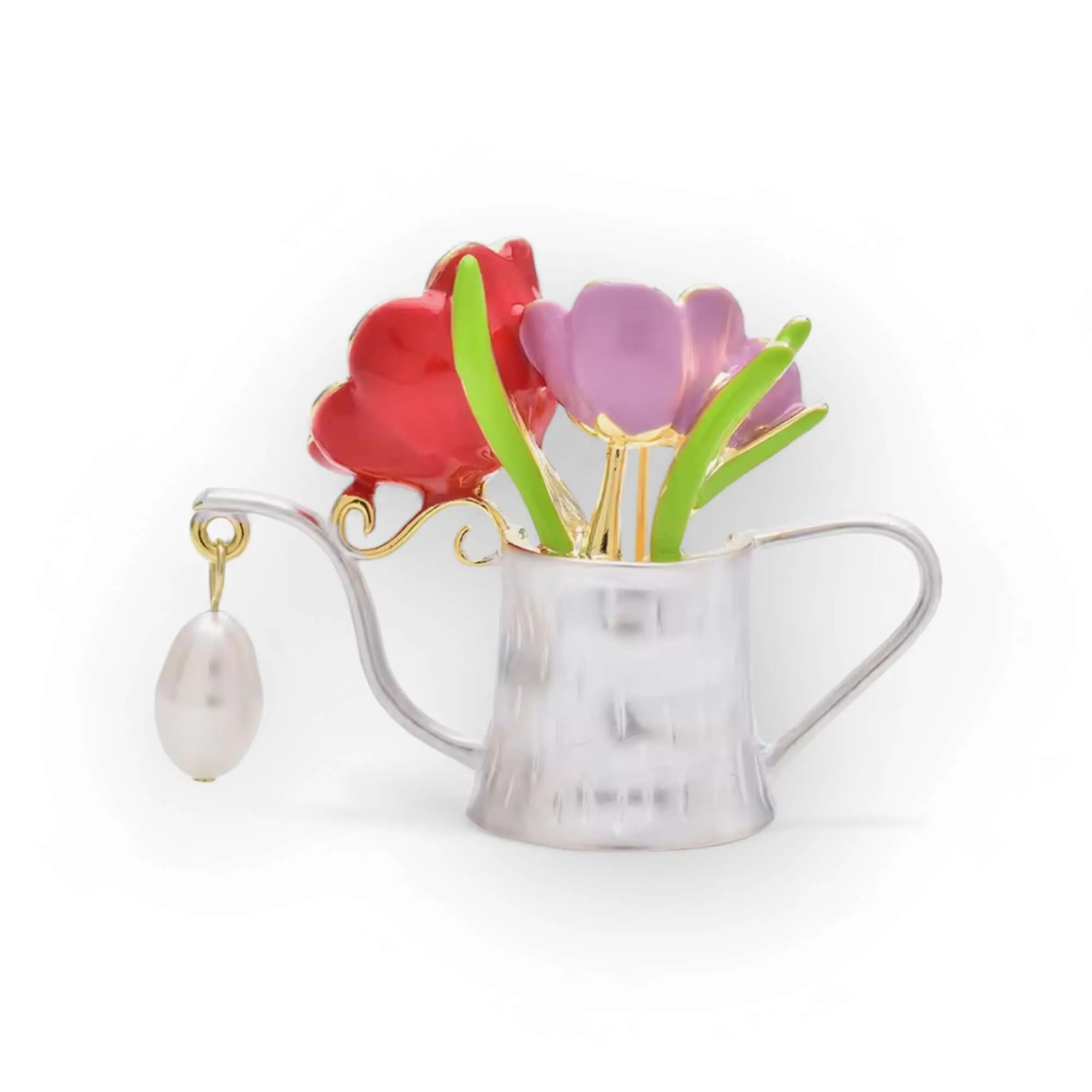 Floral Watering Can Brooch with Enamel Flowers.