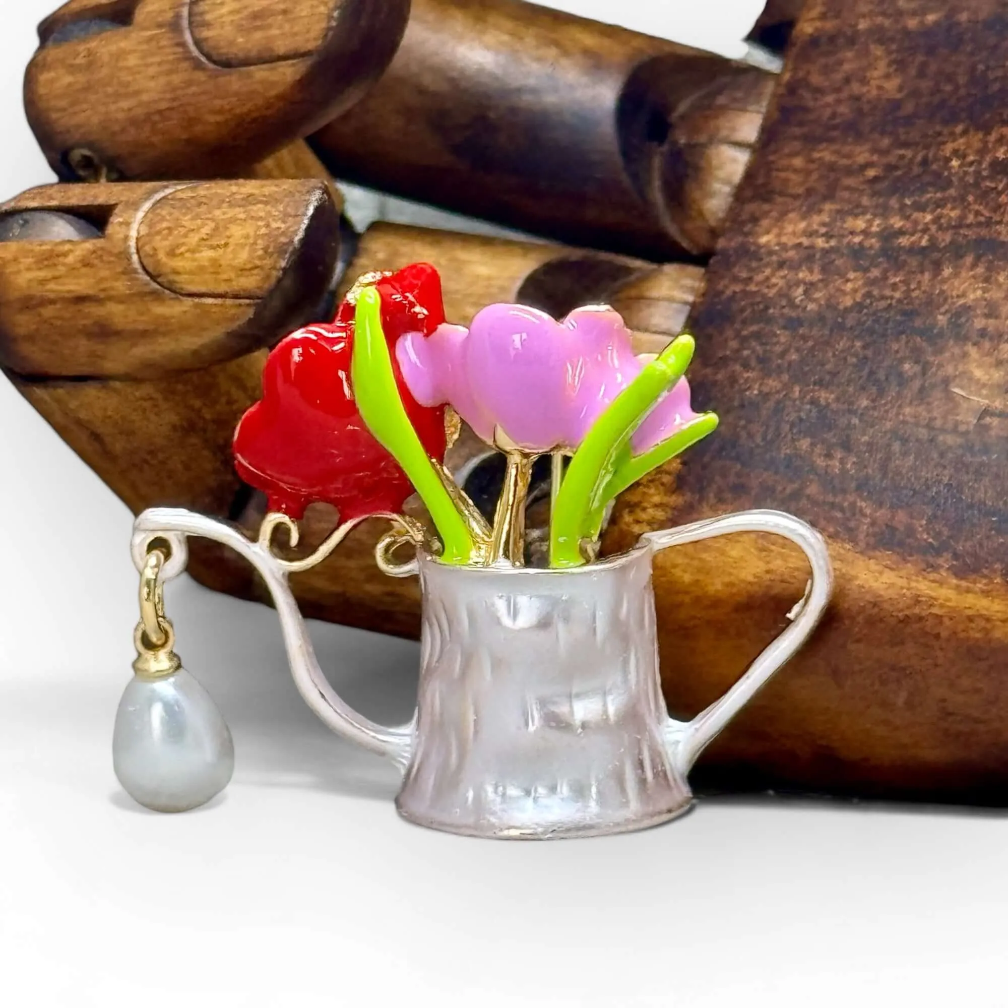 Floral Watering Can Brooch with Enamel Flowers.