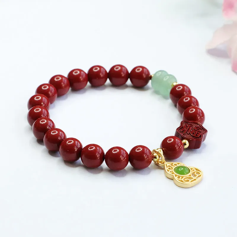 Fortune's Favor Sterling Silver Cinnabar and Jade Gourd Bracelet