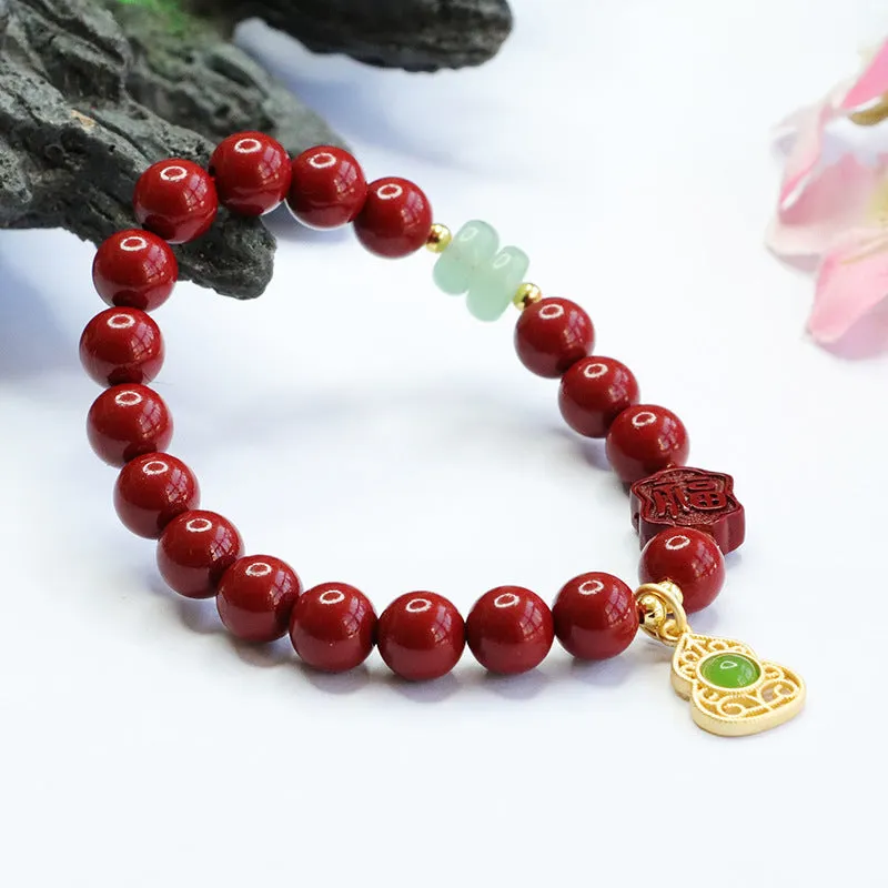 Fortune's Favor Sterling Silver Cinnabar and Jade Gourd Bracelet