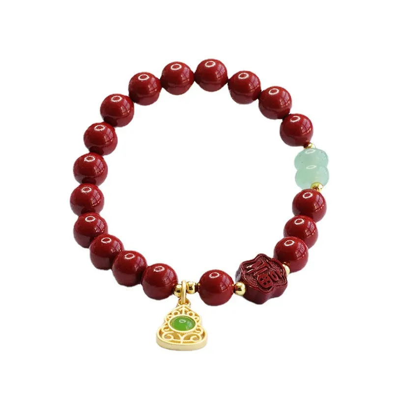 Fortune's Favor Sterling Silver Cinnabar and Jade Gourd Bracelet