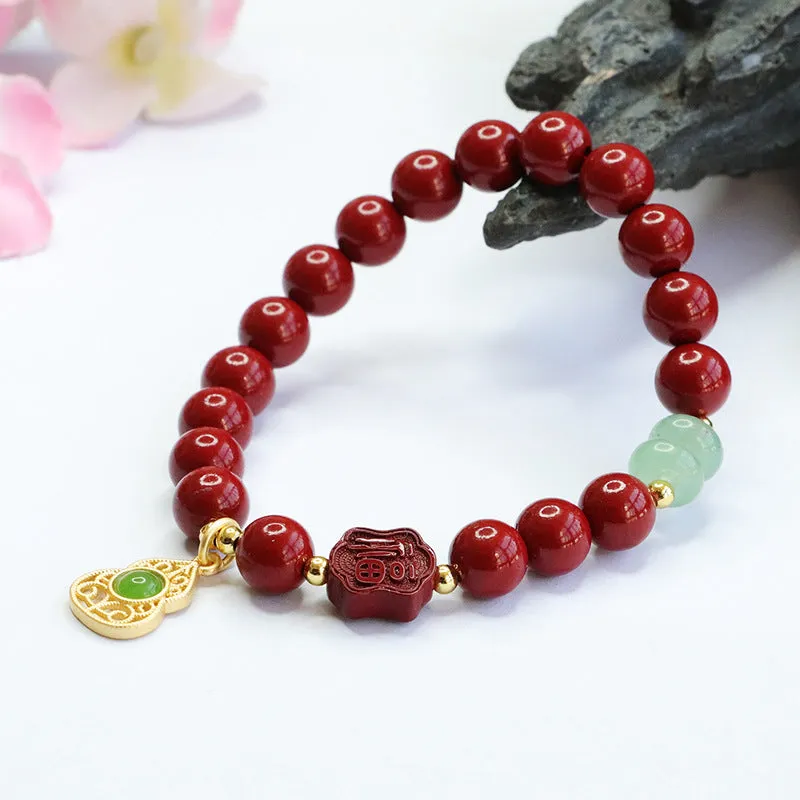 Fortune's Favor Sterling Silver Cinnabar and Jade Gourd Bracelet