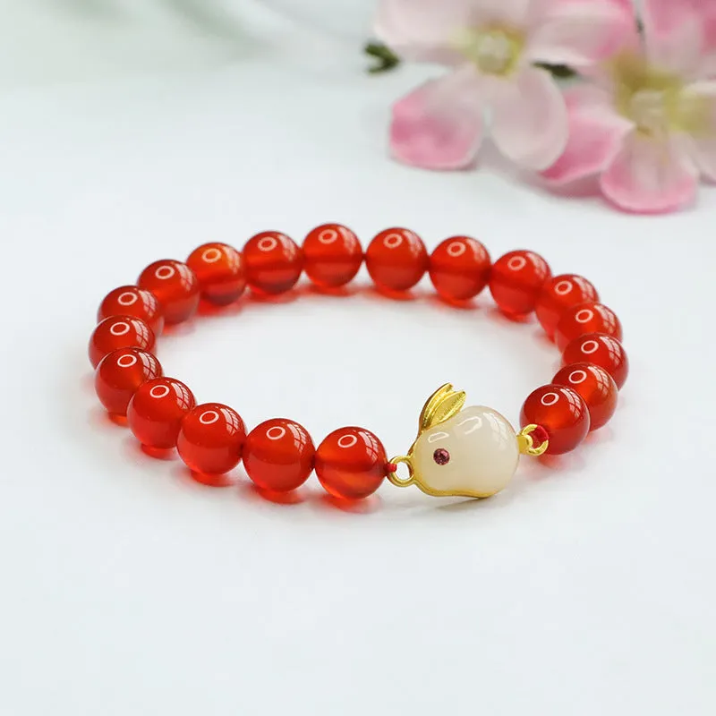 Fortune's Favor Sterling Silver Red Agate Rabbit Jade Bracelet