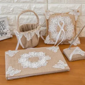 Four Piece Bridal Set of Rustic Burlap Boho Accessories for Wedding Day