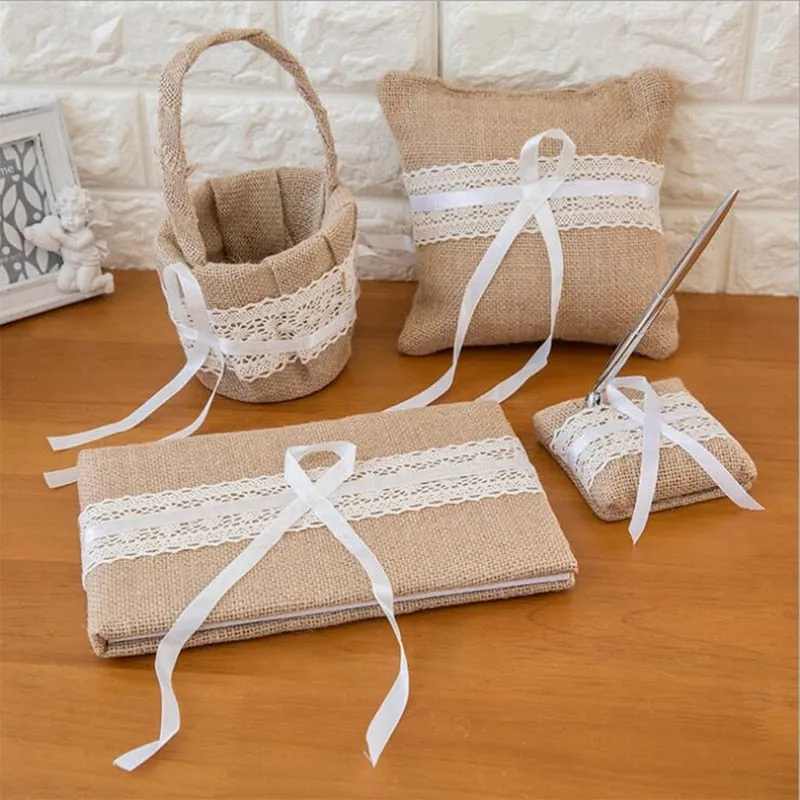 Four Piece Bridal Set of Rustic Burlap Boho Accessories for Wedding Day