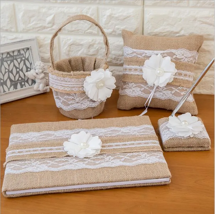 Four Piece Bridal Set of Rustic Burlap Boho Accessories for Wedding Day