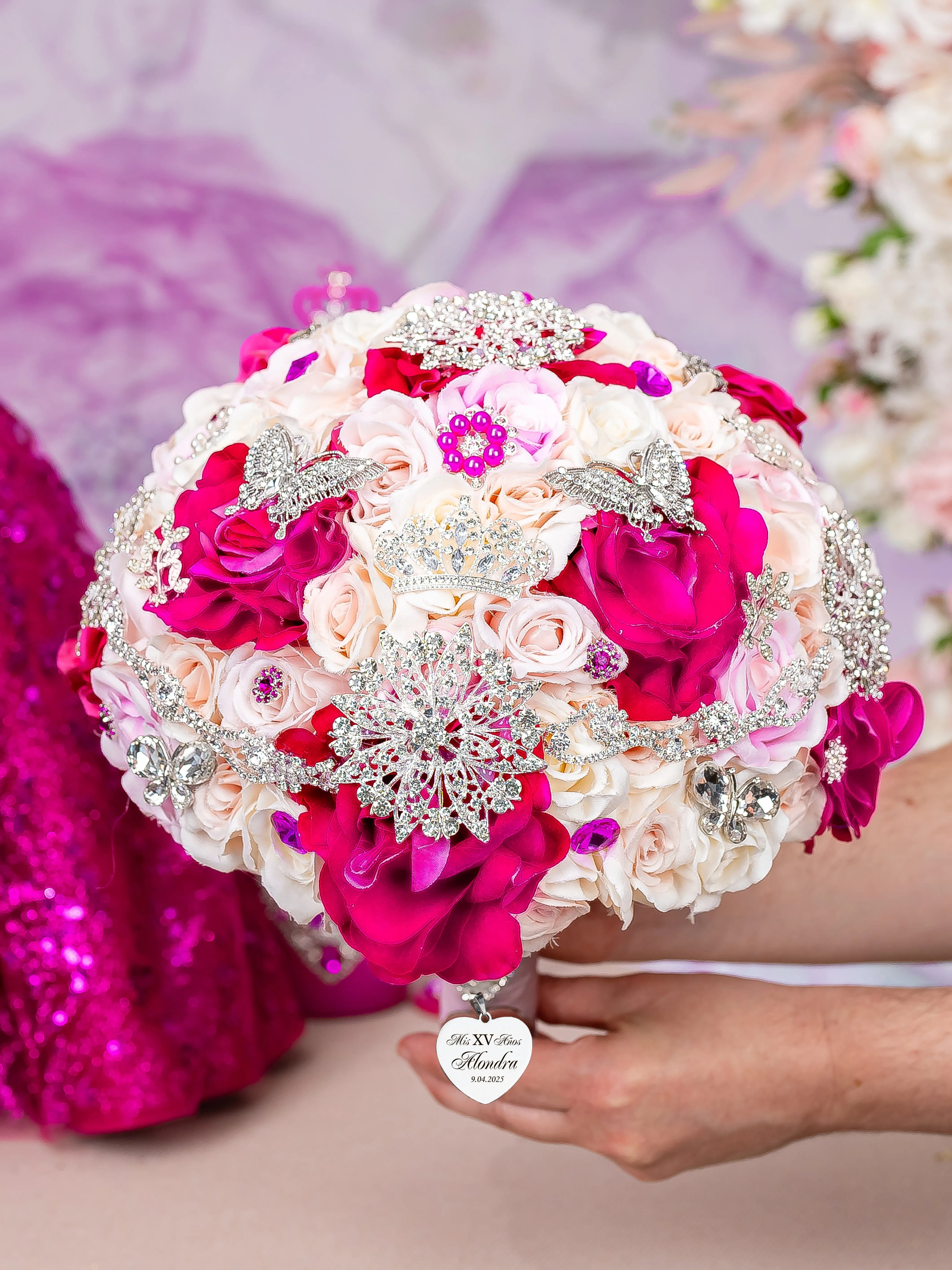 Fuchsia with silver Quinceanera Bouquet 9 inches