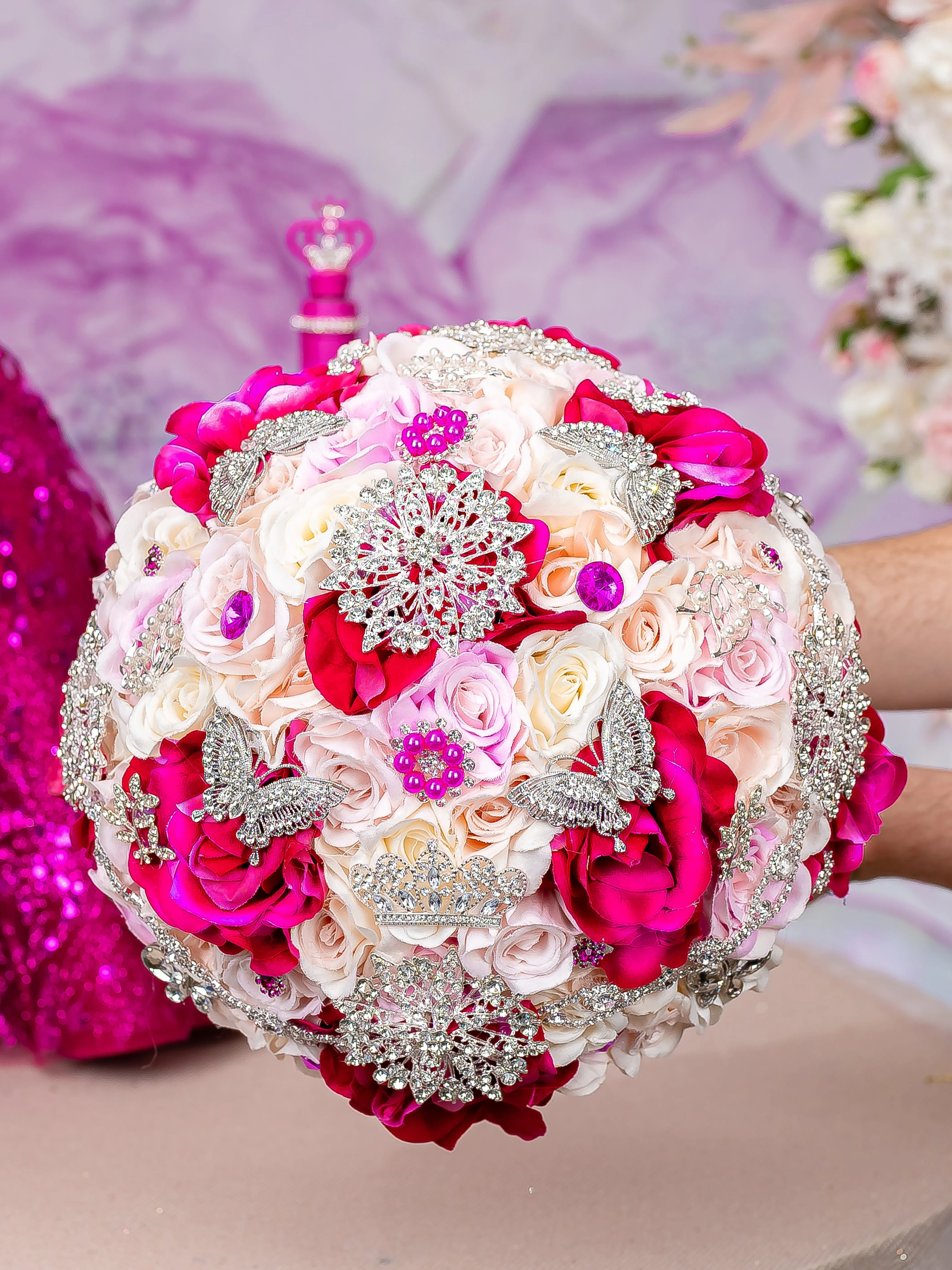 Fuchsia with silver Quinceanera Bouquet 9 inches