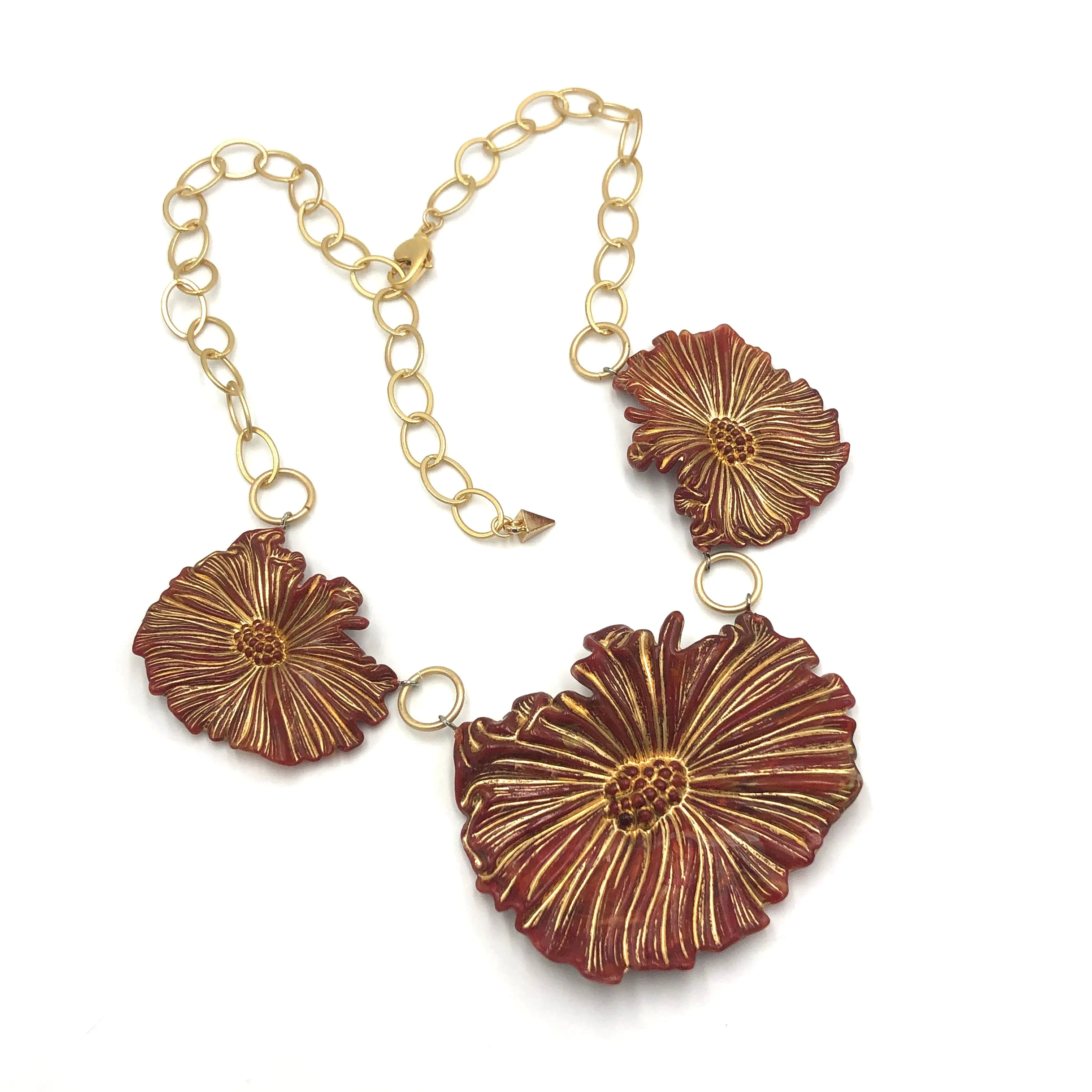 Gilded Red Cosmos Triple Flower Necklace