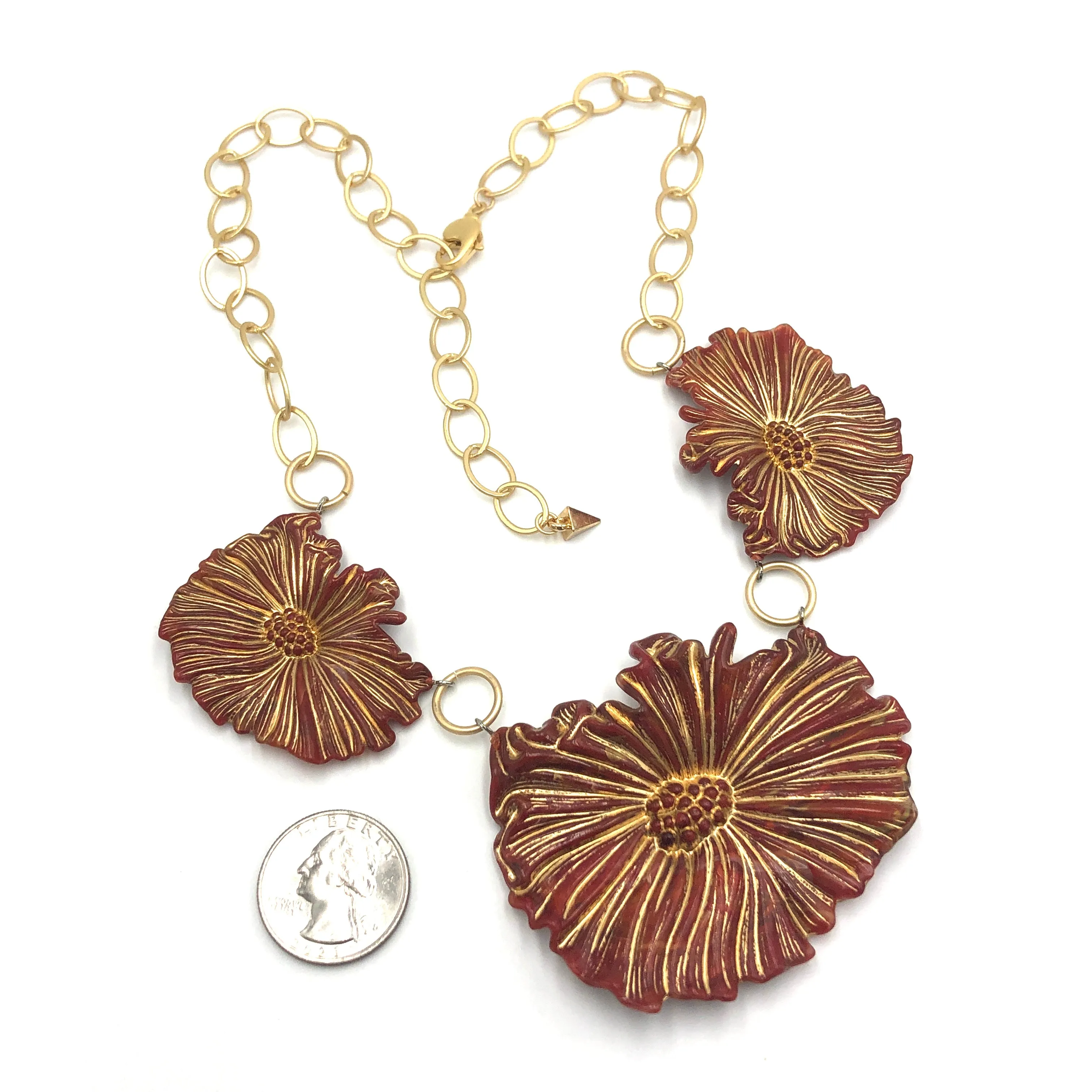 Gilded Red Cosmos Triple Flower Necklace