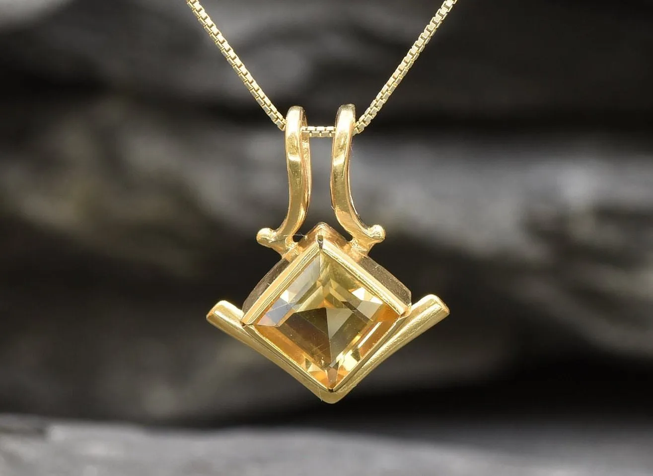 Gold Citrine Pendant - Natural Citrine Necklace, Princess Cut Gold Pendant