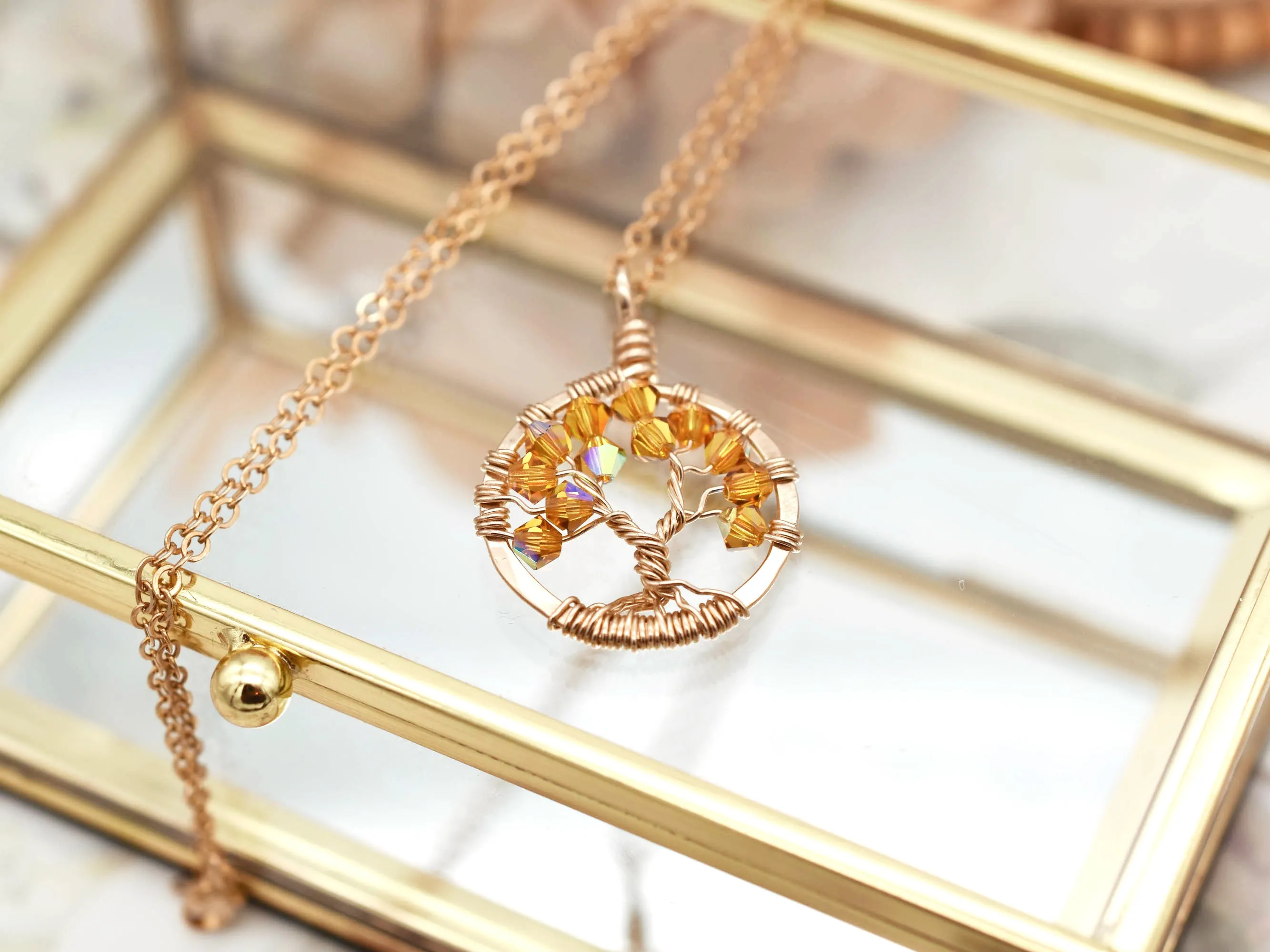 Gold Citrine Tree of Life Crystal Necklace (November)