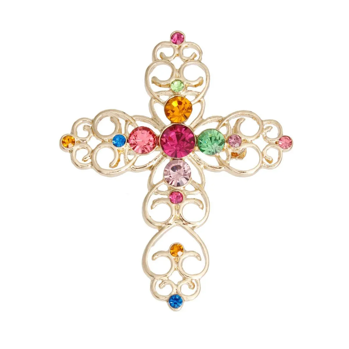 Gold Tone Filigree Multicolor Faux Gems Cross Brooch Pin