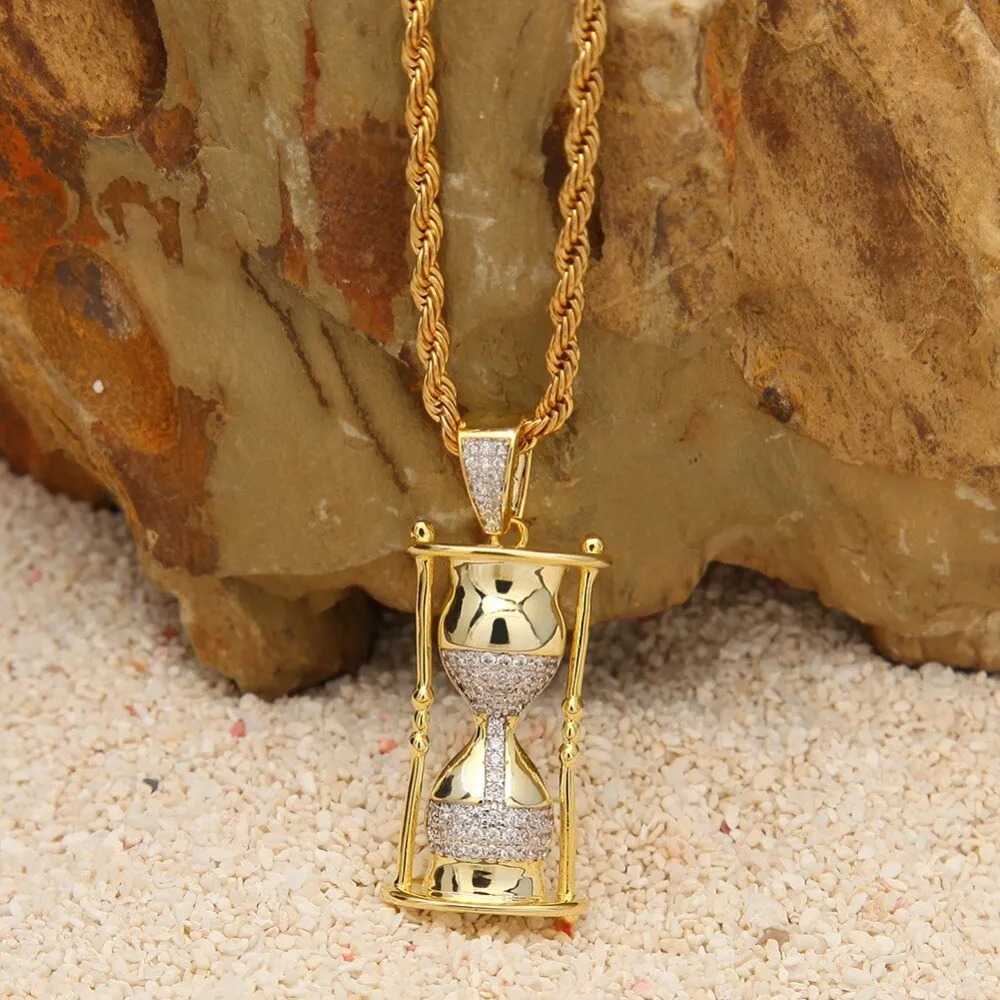 Gold Tone Silver Hourglass CZ Necklace Copper Alloy Hip Hop Catholic Mens Jewelry Iced Out CZ Pendant