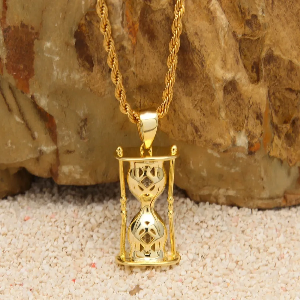 Gold Tone Silver Hourglass CZ Necklace Copper Alloy Hip Hop Catholic Mens Jewelry Iced Out CZ Pendant