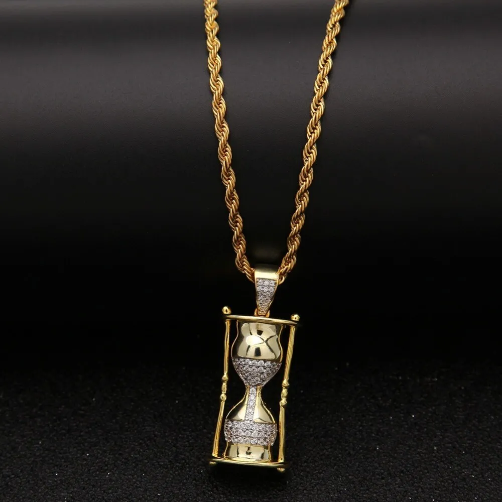 Gold Tone Silver Hourglass CZ Necklace Copper Alloy Hip Hop Catholic Mens Jewelry Iced Out CZ Pendant