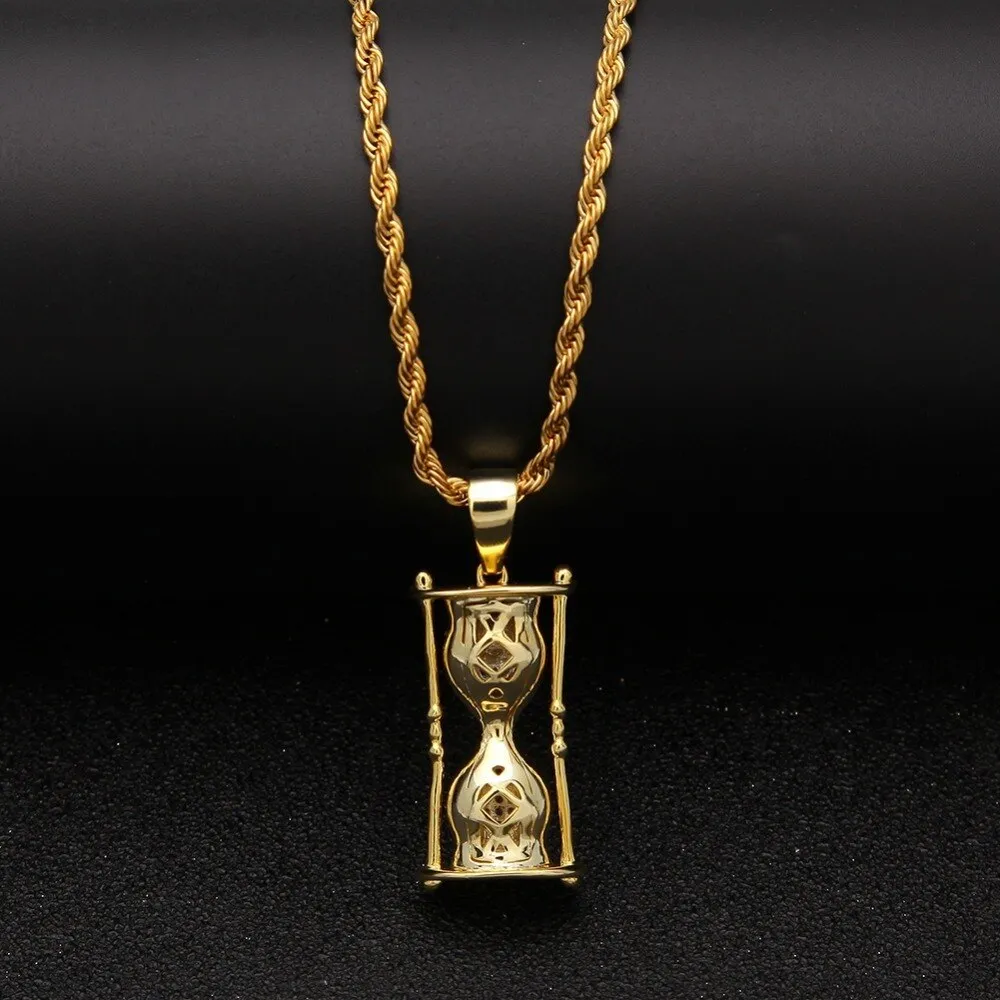 Gold Tone Silver Hourglass CZ Necklace Copper Alloy Hip Hop Catholic Mens Jewelry Iced Out CZ Pendant